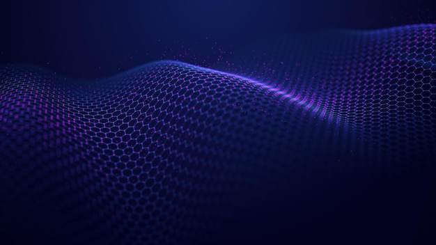 Onda futuristica viola di griglia esagonale su sfondo blu il concetto di big data connessione di rete cibernetica e intelligenza artificiale rendering 3d