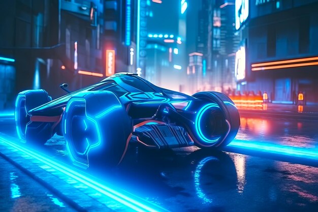 Foto futuristica gara di auto di corsa nella città notturna a velocità elevata con sfocamento del movimento della pista illustrazione generativa di ai