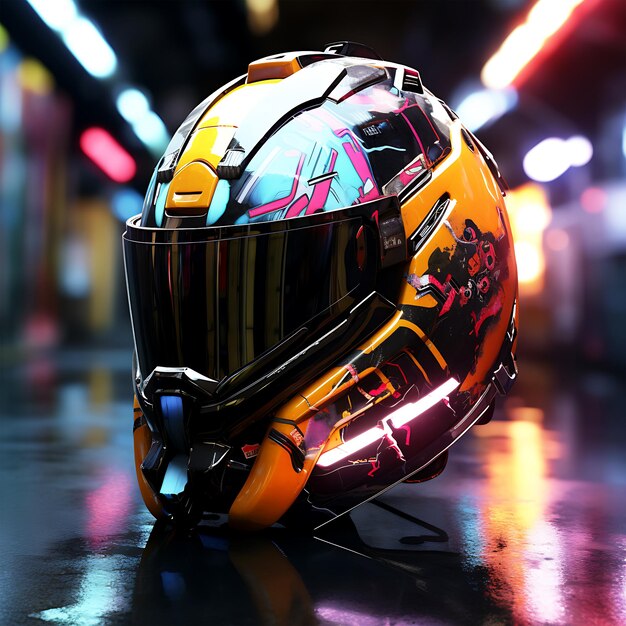 Foto un concetto di casco motociclistico futuristic racer con luci al neon sullo sfondo