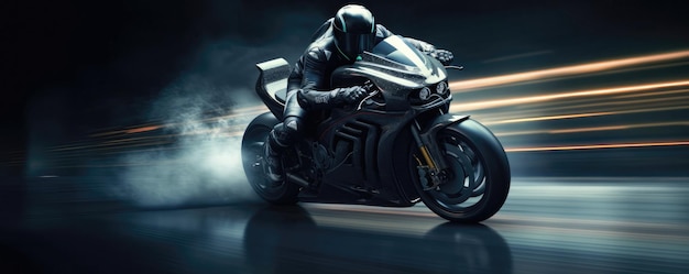 Futuristic Racing Formula At High Speed Towards The Finish Line A Spooky Motorcycle With A Skeleton