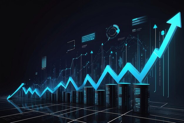 Futuristic raise arrow chart digital transformation abstract technology background Big data and business growth currency stock market and investment economy