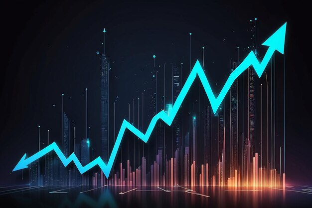 Foto futuristico grafico a frecce di sollevamento trasformazione digitale sfondo tecnologico astratto big data e crescita aziendale valuta mercato azionario e economia degli investimenti