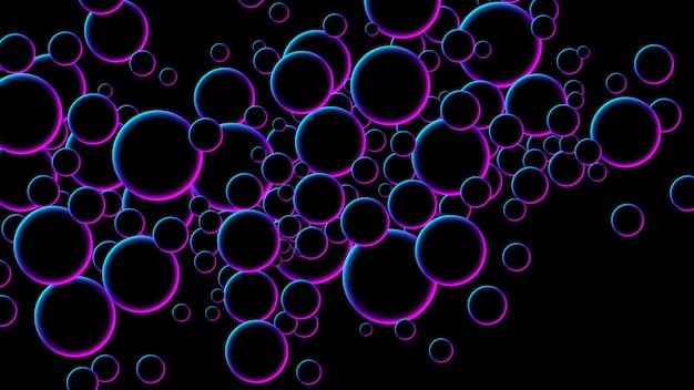 Photo futuristic random flying neon glowing circles spheres or bubbles luminous floating neon ball