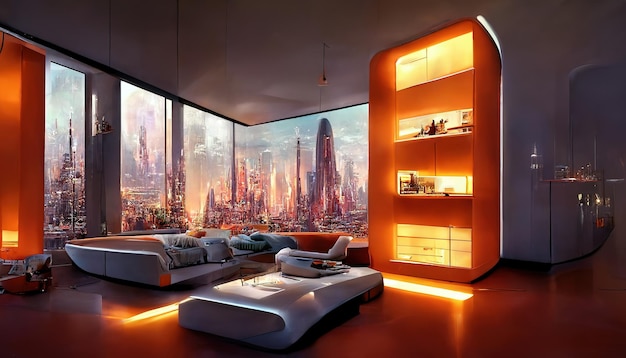 Futuristic realistic cyberpunk interior in orange color 3 rendering