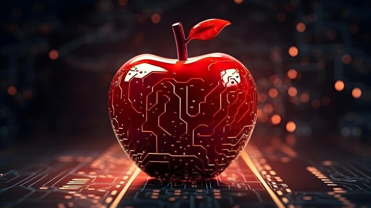 Photo futuristic red apple fruit with advanced circuit board and technology elements
