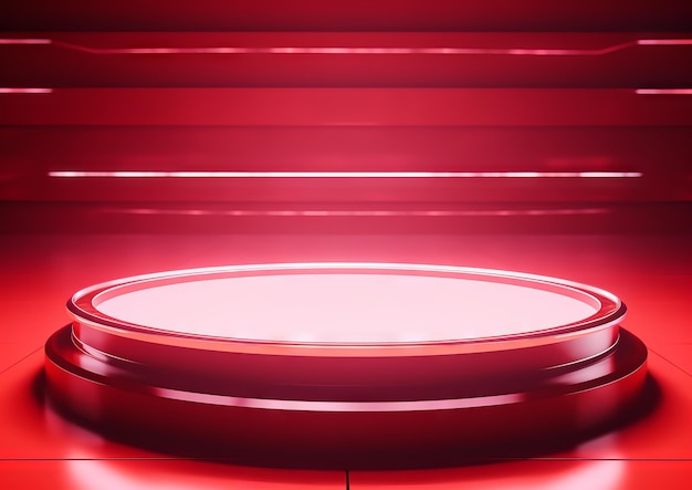 Futuristic red circle podium stage background for product display with neon light