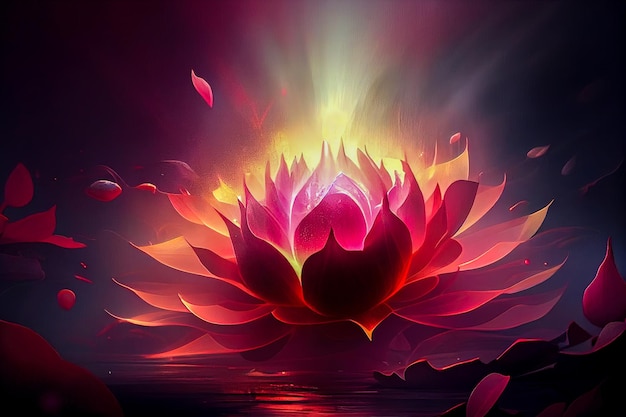 Futuristic red lotus in rays of light Generative AI Generative AI