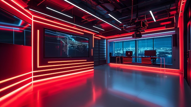 Футуристические красные неоновые огни освещают современную высокотехнологичную сцену в контрольной комнате с гладким дизайном, подходящим для технологических и игровых визуальных эффектов.