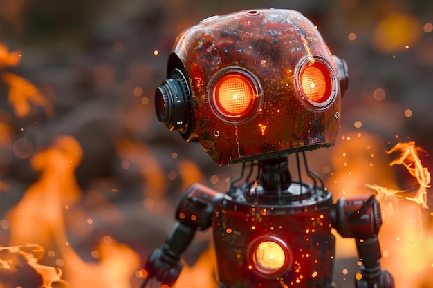 Futuristic Red Robot with Glowing Eyes Standing Among Flames Concept Art for Science Fiction and