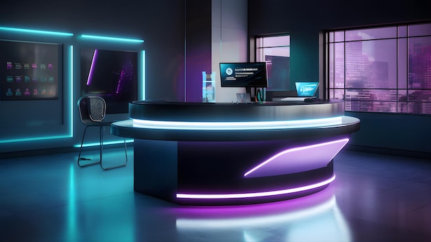 Futuristic registration reception desk virtual gym metaverse advanced holographic displays 3D futuristic aesthetic Generative ai