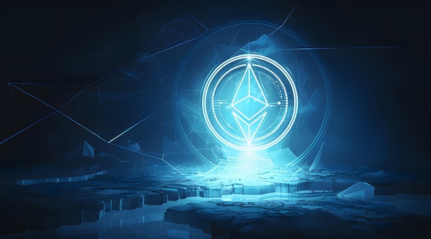 Futuristic Representation of Ethereum Glowing Logo on Digital Network Interface