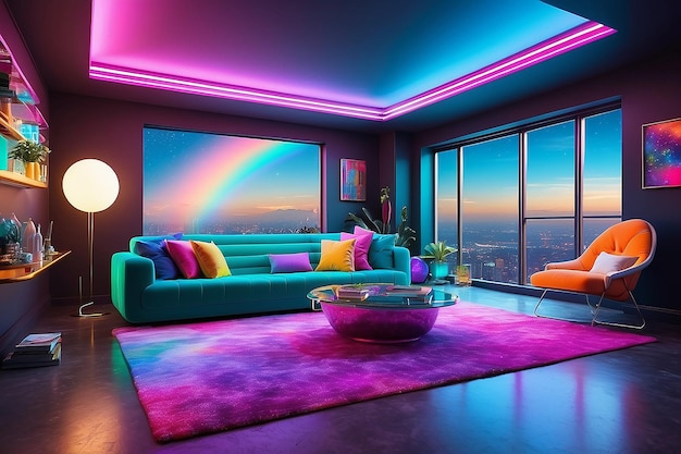 Photo futuristic retro chic rainbow neon room with galaxy views