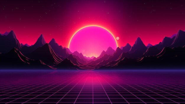 Photo futuristic retro landscape of the 80s futuristic illustration of sun with mountains in retro style