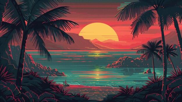 Photo futuristic retro landscape of the 80s futuristic illustration of sun with mountains in retro style