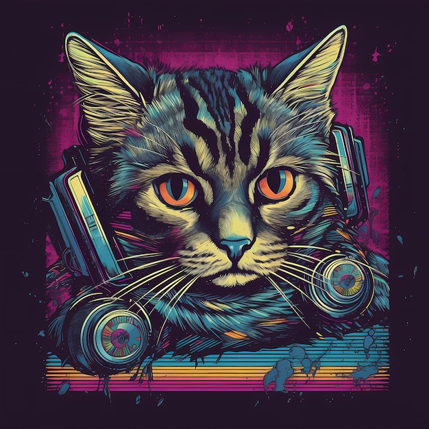 Futuristic Retro Neon Graffiti Cat Portrait Digital Illustration with 80s Synthwave Vaporwave Aesthe