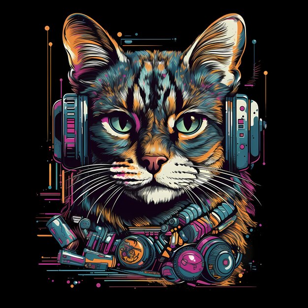 Futuristic Retro Neon Graffiti Cat Portrait Digital Illustration with 80s Synthwave Vaporwave Aesthe