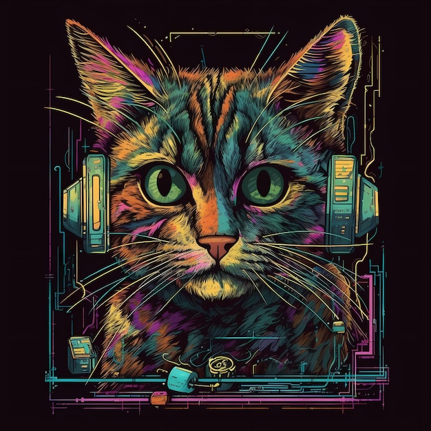 Futuristic Retro Neon Graffiti Cat Portrait Digital Illustration with 80s Synthwave Vaporwave Aesthe