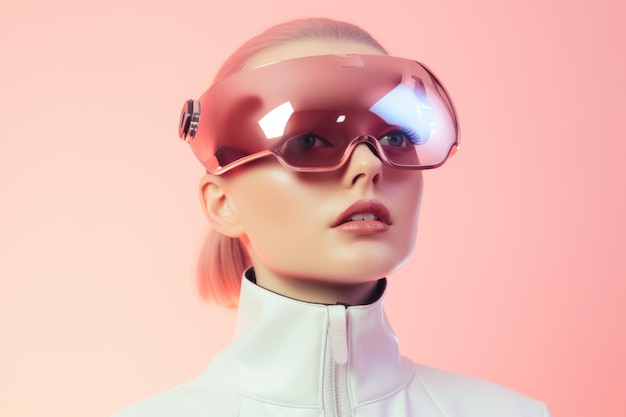 ピンクの背景にピンクのメガネをかぶった女の子の未来的なレトロ肖像画