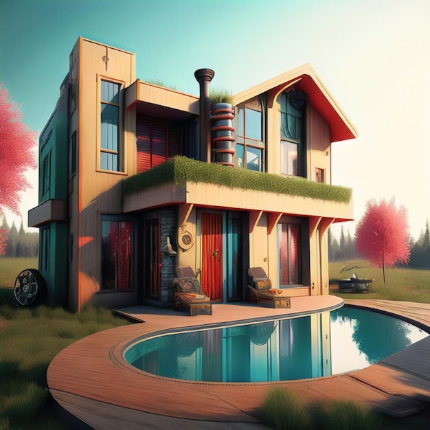 Futuristic retro rustic modern house