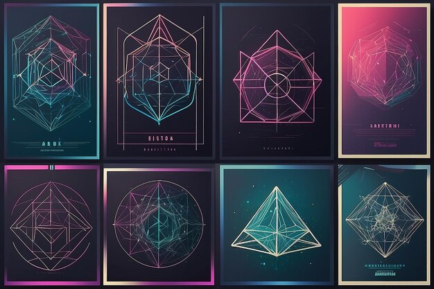 Photo futuristic retro vector minimalistic posters with strange wireframes graphic assets of