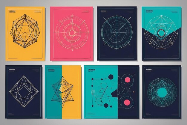 Futuristic retro vector minimalistic Posters with strange wireframes graphic assets