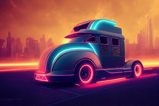 Photo futuristic retro wave synth wave car big truck retro truck with neon backlight contours