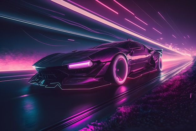 Futuristic retro wave synth wave car neural network ai generated