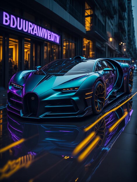 Futuristic retro wave synth wave car retro sport car with neon backlight contours digital painting