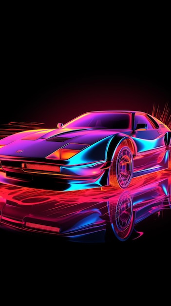 Futuristic retro wave synth wave car retro sport car with neon backlight contours