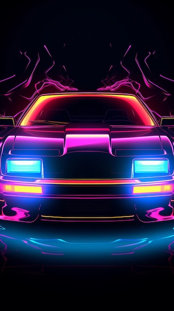 Foto auto sportiva retrò futuristica con onda sintetizzata a onde retrò con contorni retroilluminati al neon