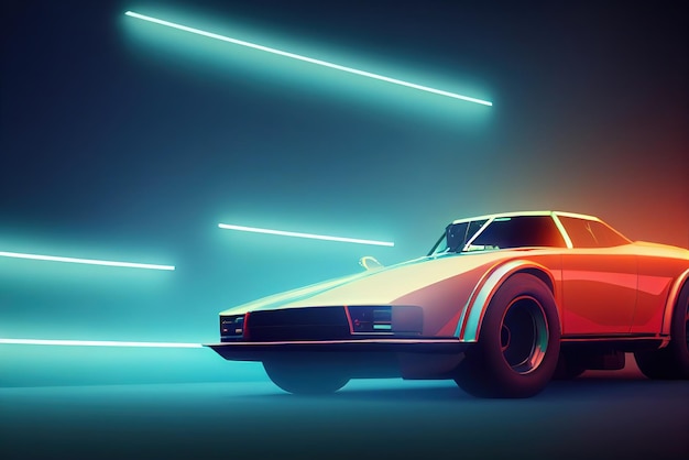 Futuristic retro wave synth wave car Retro sport car with neon backlight contours