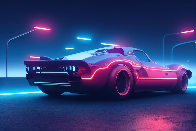 Futuristic retro wave synth wave car retro sport car with neon\
backlight contours