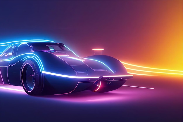 Futuristic retro wave synth wave car Retro sport car with neon backlight contours