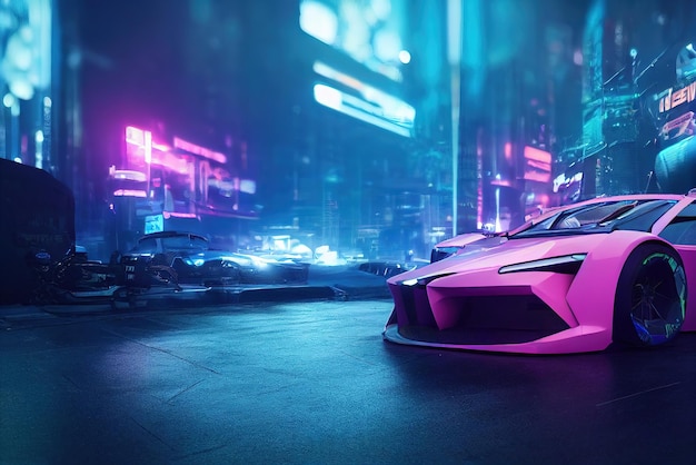 Futuristic retro wave synth wave car Retro sport car with neon backlight contours