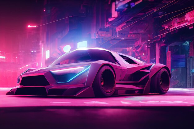 Futuristic retro wave synth wave car Retro sport car with neon backlight contours