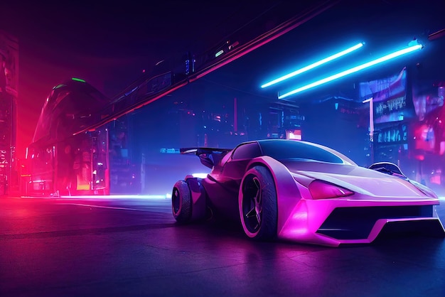 Futuristic retro wave synth wave car Retro sport car with neon backlight contours