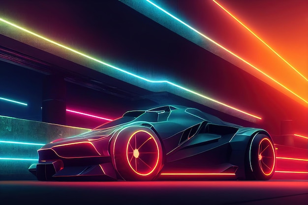 Futuristic retro wave synth wave car retro sport car with neon\
backlight contours