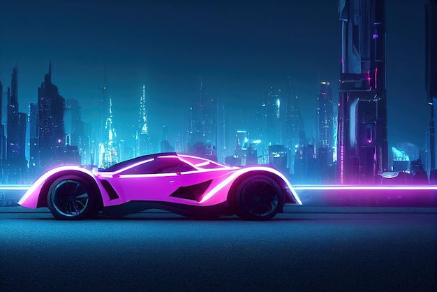 Futuristic retro wave synth wave car retro sport car with neon\
backlight contours