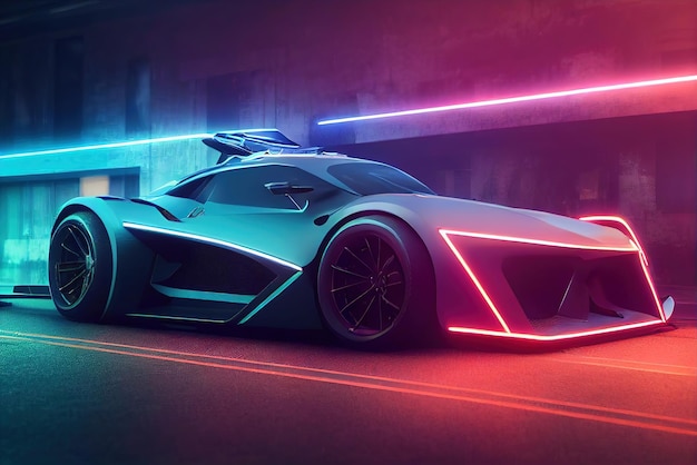 Futuristic retro wave synth wave car Retro sport car with neon backlight contours