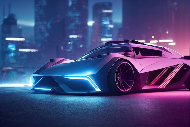 Futuristic retro wave synth wave car retro sport car with neon\
backlight contours