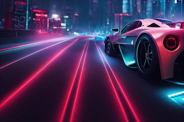 Photo futuristic retro wave synth wave car retro sport car with neon backlight contours