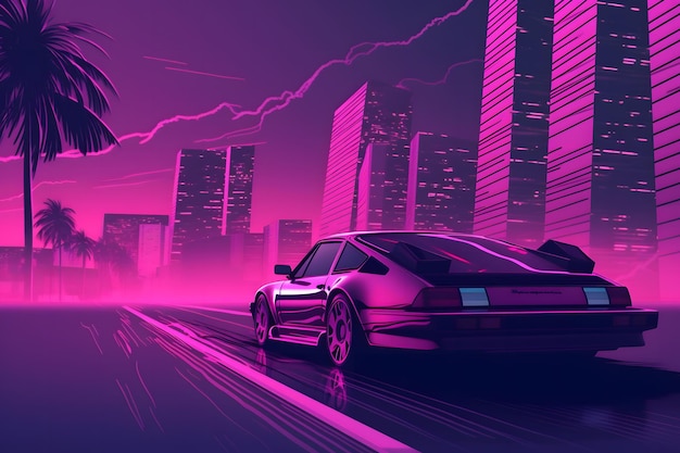 Futuristic retro wave synth wave car retrowave style neural network ai generated