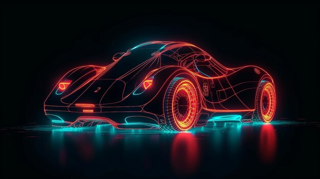 Futuristic retro wave synth wave vehicle Generative AI retro sport automobile with neon lights outlines