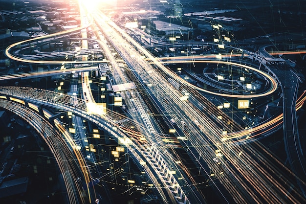 Photo futuristic road transportation technology with digital data transfer graphic