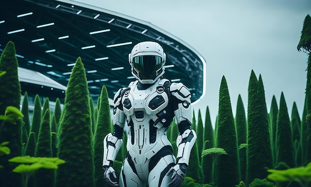 Futuristic Robot in 3D Rendering with Green Trees