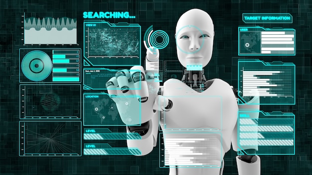 Robot futuristico, intelligenza artificiale cgi analisi e programmazione di big data