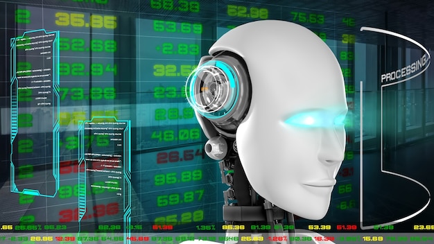 Futuristic robot, artificial intelligence CGI for stock exchange market trading