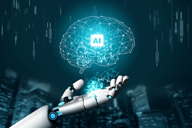 Futuristic robot artificial intelligence concept.