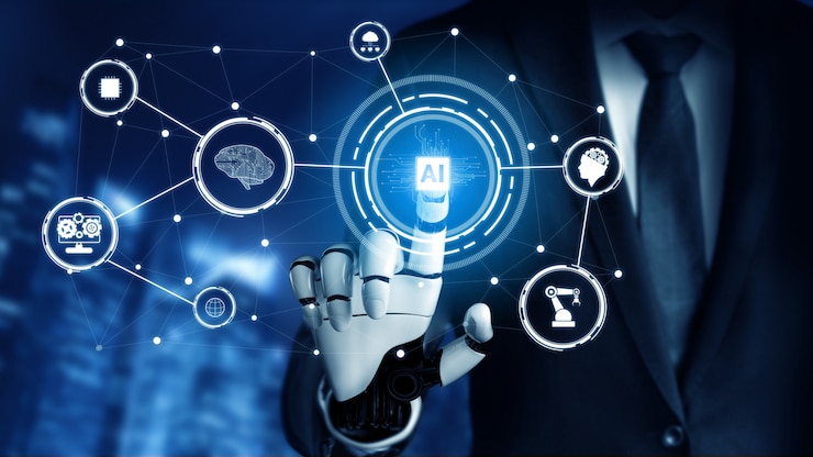 Photo futuristic robot artificial intelligence concept.