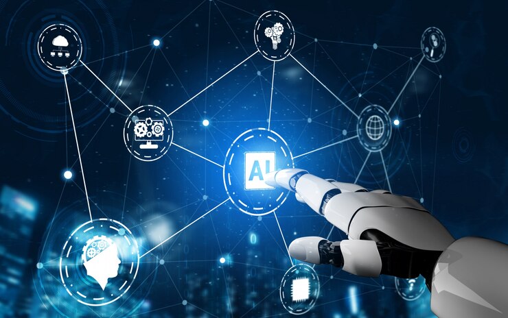Photo futuristic robot artificial intelligence concept.
